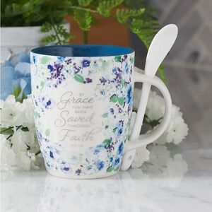 Floral Blue & White Faith Mug with Spoon